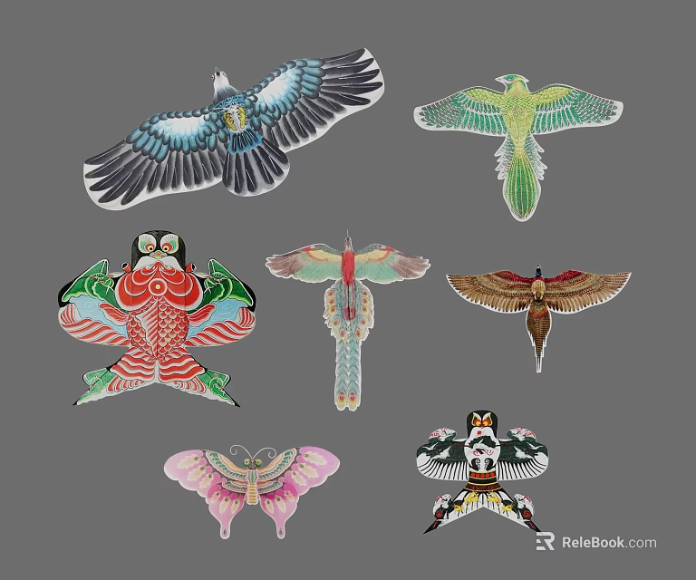 Colorful Traditional Kites Collection Featuring Eagle Parrot Fish Dragonfly And Butterfly Designs 3d model 