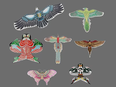 Colorful Traditional Kites Collection Featuring Eagle Parrot Fish Dragonfly And Butterfly Designs 3d model
