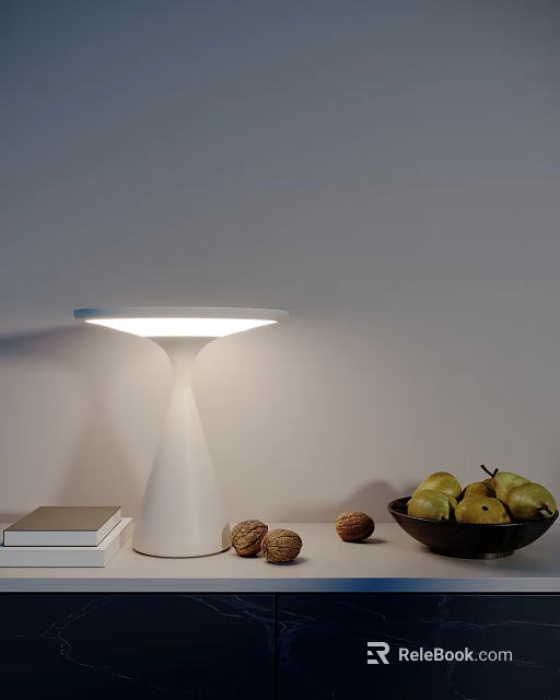 White Conical Table Lamp Illuminating with Stacked Books Walnuts and Pear Bowl on Light Wall 3d model 