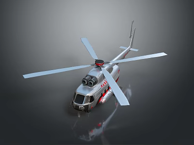 Detailed Helicopter Model With Extended Rotor Blades And Metallic Shiny Fuselage 3d model