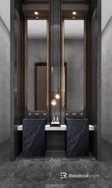 Modern Public Restroom Design With Marble Countertops Washbasins And Mirrors 3d model 