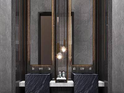 Modern Public Restroom Design With Marble Countertops Washbasins And Mirrors 3d model