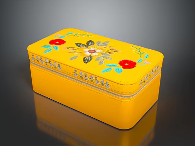 Elegant Yellow Decorative Storage Box With Floral Embroidery And Beaded Trim 3d model