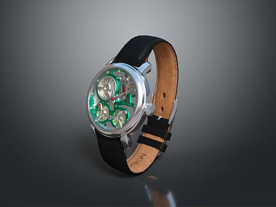 Sleek Black Leather Strap Watch With Silver Case Transparent Dial And Green Mechanical Movement 3d model