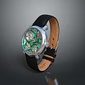 Sleek Black Leather Strap Watch With Silver Case Transparent Dial And Green Mechanical Movement