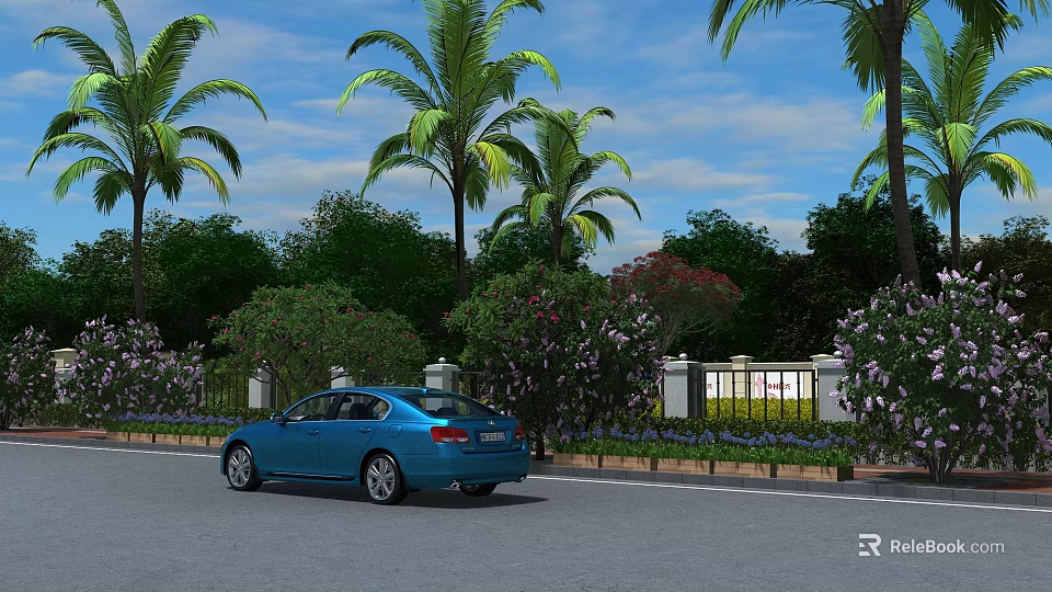 Tropical Roadside Garden Landscape With Palm Trees Green Shrubs Purple Flowers And White Fence 3d model 