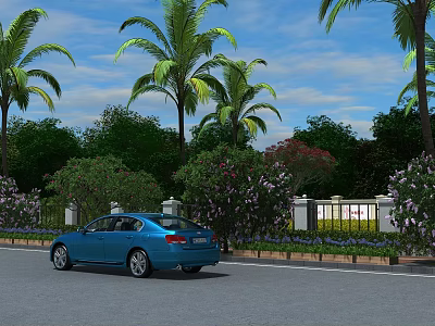 Tropical Roadside Garden Landscape With Palm Trees Green Shrubs Purple Flowers And White Fence 3d model