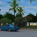 Tropical Roadside Garden Landscape With Palm Trees Green Shrubs Purple Flowers And White Fence