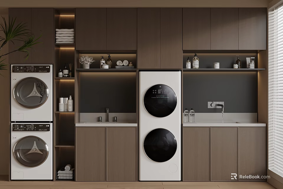 Modern Laundry Room Design With Stacked Washing Machine Dryer Wooden Cabinets And Shelves 3d model 