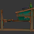 Wooden Table And Bench Set Featuring Green Wood Grain With Blue Box And Green Bottle
