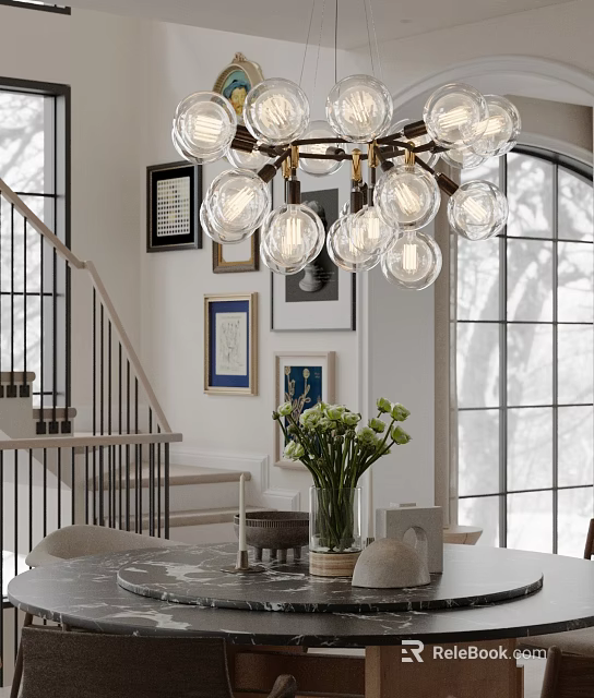 Modern Glass Globe Chandelier Above Dining Table with Staircase and Wall Art 3d model 
