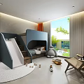 Modern Hotel Room Featuring Canopy Bed Natural Light Through Window And Wall Decor 3d model