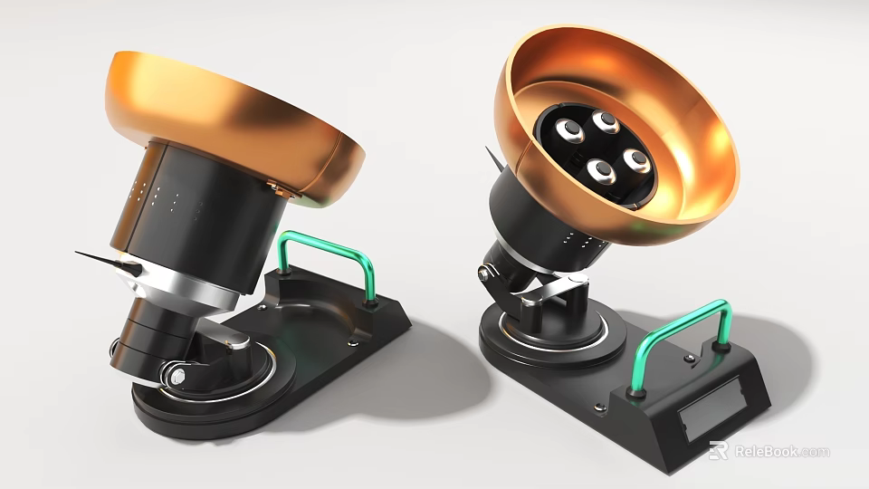 Industrial Equipment Featuring Black Base Green Handles Golden Conical Top And Circular Structures 3d model 