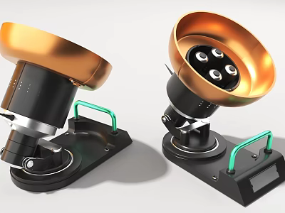 Industrial Equipment Featuring Black Base Green Handles Golden Conical Top And Circular Structures 3d model