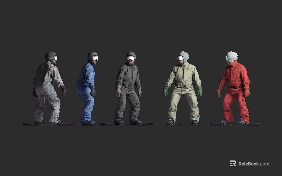 Men Wearing Different Colored Protective Suits With Helmets And Goggles Standing Against Black Background 3d model