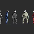 Men Wearing Different Colored Protective Suits With Helmets And Goggles Standing Against Black Background 3d model