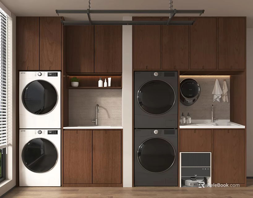 Modern Laundry Room With Wooden Cabinets Washing Machines Sink And Dryers 3d model 
