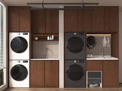 Modern Laundry Room With Wooden Cabinets Washing Machines Sink And Dryers 3d model