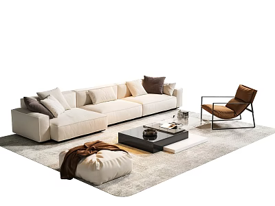 Modern Beige Sofa And Coffee Table Combination With Cushions Rug And Accent Chair Set 3d model