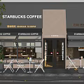 Starbucks Coffee Storefront with Outdoor Seating Glass Doors Signage and Brown Awning