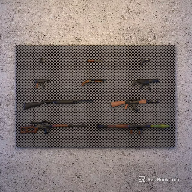Various Firearms Including Pistols Rifles And Shotguns Neatly Arranged On Gray Grid Background 3d model 