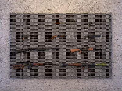Various Firearms Including Pistols Rifles And Shotguns Neatly Arranged On Gray Grid Background 3d model
