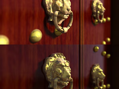Ancient Architecture Wooden Door With Lion Head Brass Door Knockers And Decorative Nails 3d model