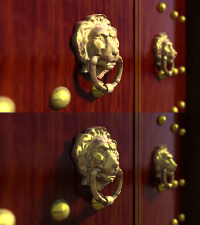 Ancient Architecture Wooden Door With Lion Head Brass Door Knockers And Decorative Nails 3d model