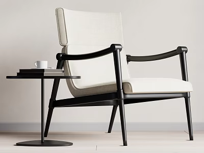 Modern Accent Chair With Black Frame Beige Upholstery And Side Table With White Cup Books 3d model