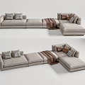Modern Light Gray Sectional Sofa with Multiple Throw Pillows and Brown Blanket 3d model