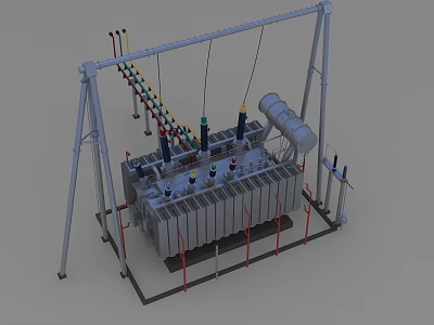 Industrial Electrical Equipment Featuring Metal Frame Connected Cables Large Casing Support Pillars And Base Structure 3d model