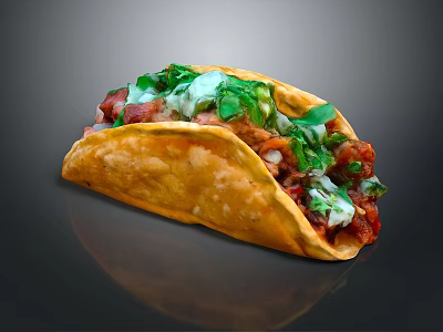 Delicious Crispy Taco with Grilled Meat Fresh Cilantro Lettuce Sour Cream and Salsa 3d model