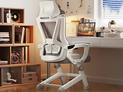 Modern Home Office Desk Setup With Ergonomic Chair Bookshelf And Laptop 3d model