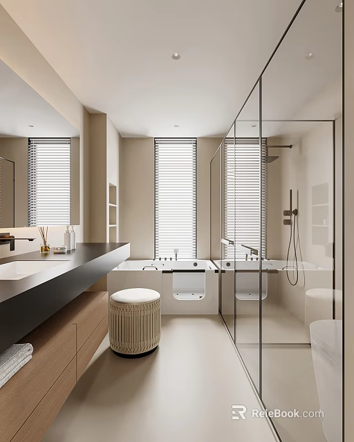 Modern Bathroom Interior Design With Glass Shower Bathtub Vanity Mirror And Window Blinds 3d model 