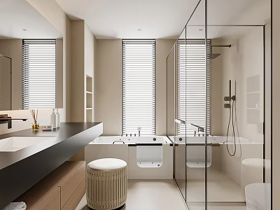 Modern Bathroom Interior Design With Glass Shower Bathtub Vanity Mirror And Window Blinds 3d model