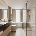 Modern Bathroom Interior Design With Glass Shower Bathtub Vanity Mirror And Window Blinds