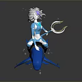 3D Female Figure With White Hair Riding Blue Whale Like Octopus Creature Tentacles Water Droplets