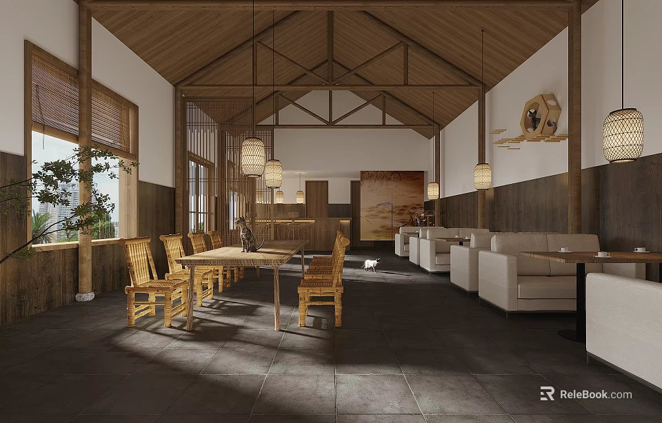 Wooden Swing Door In Traditional Chinese Interior With Natural Light And Wooden Furniture 3d model 