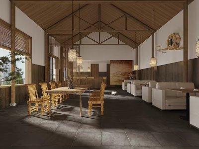 Wooden Swing Door In Traditional Chinese Interior With Natural Light And Wooden Furniture 3d model