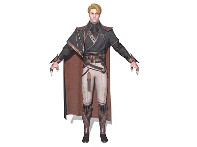 Blonde Haired Game Movie Character Wearing Dark Tunic Brown Cape Light Pants And Long Boots 3d model