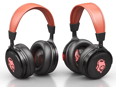 Stylish Red And Black Over Ear Headphones With Skull Logo Design 3d model