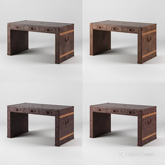 Rustic Wooden Desk with Drawers and Decorative Stripes Vintage Design 3d model 