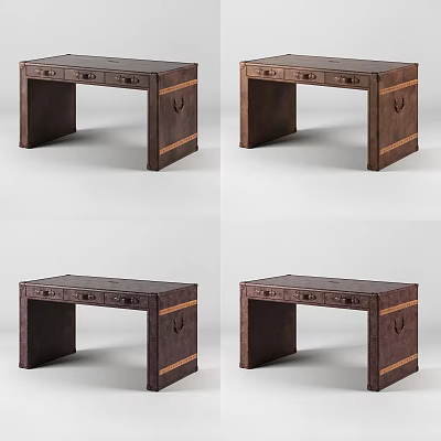 Rustic Wooden Desk with Drawers and Decorative Stripes Vintage Design 3d model
