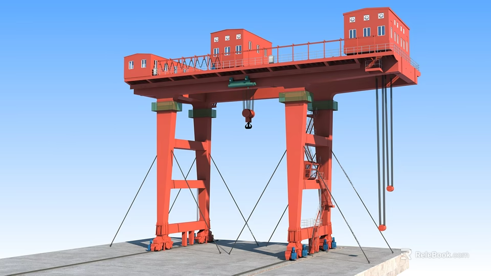 Red Industrial Gantry Crane With Pillars Beam Control Cabins Hoist Support Cables And Platform 3d model 