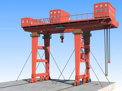 Red Industrial Gantry Crane With Pillars Beam Control Cabins Hoist Support Cables And Platform 3d model