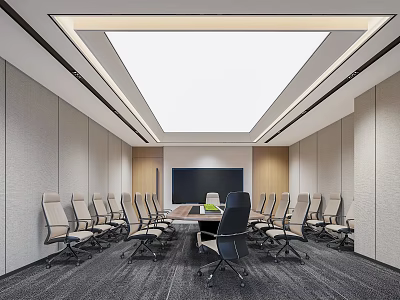 Modern Conference Room With Long Table Comfortable Chairs Large Screen And Ceiling Lighting 3d model