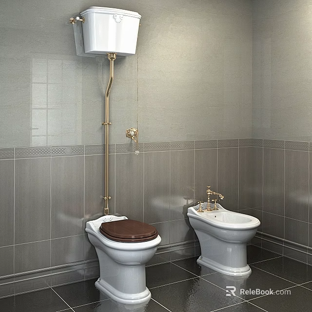 Toilet With Brown Seat Bidet Gray Tiled Walls Dark Flooring And Gold Fixtures 3d model 