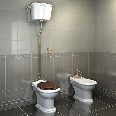 Toilet With Brown Seat Bidet Gray Tiled Walls Dark Flooring And Gold Fixtures 3d model