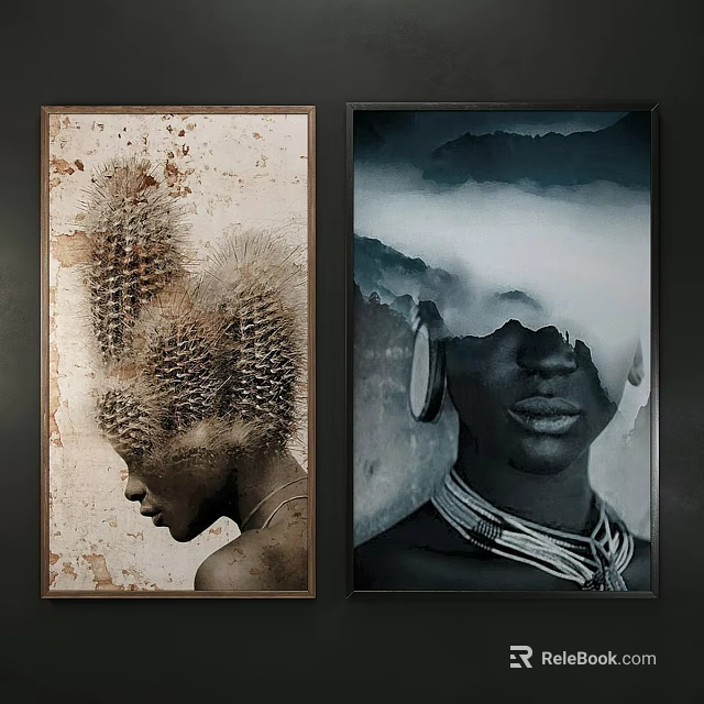 Decorative Framed Artworks Featuring Cactus Inspired Portrait And Mountain Cloud Ethnic Jewelry 3d model 