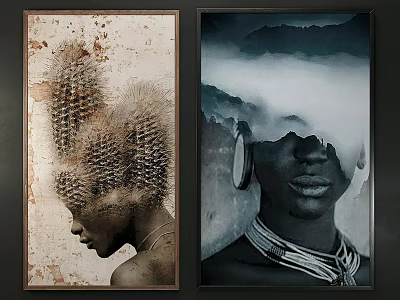 Decorative Framed Artworks Featuring Cactus Inspired Portrait And Mountain Cloud Ethnic Jewelry 3d model